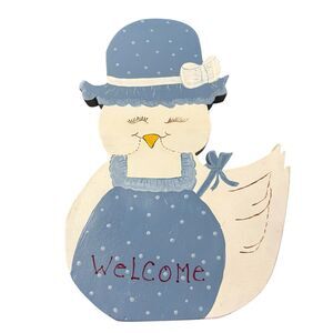 Vintage Hand Painted Wooden Goose Welcome Plaque Blue Polka Dot Wall Hanging